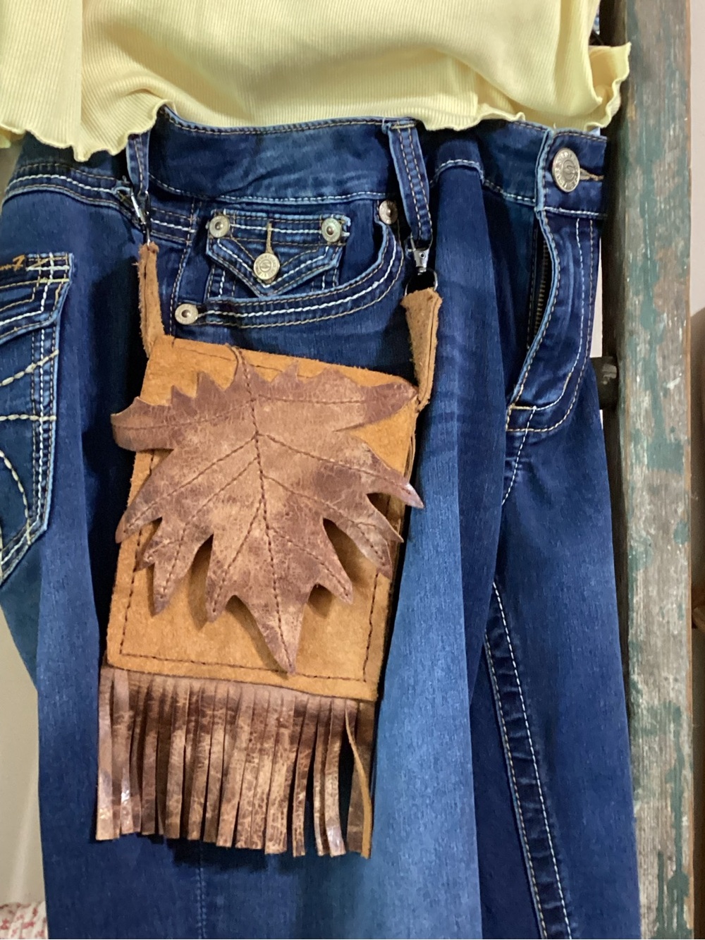 Boho Leather Fringe Crossbody with Leaf Applique - Brown